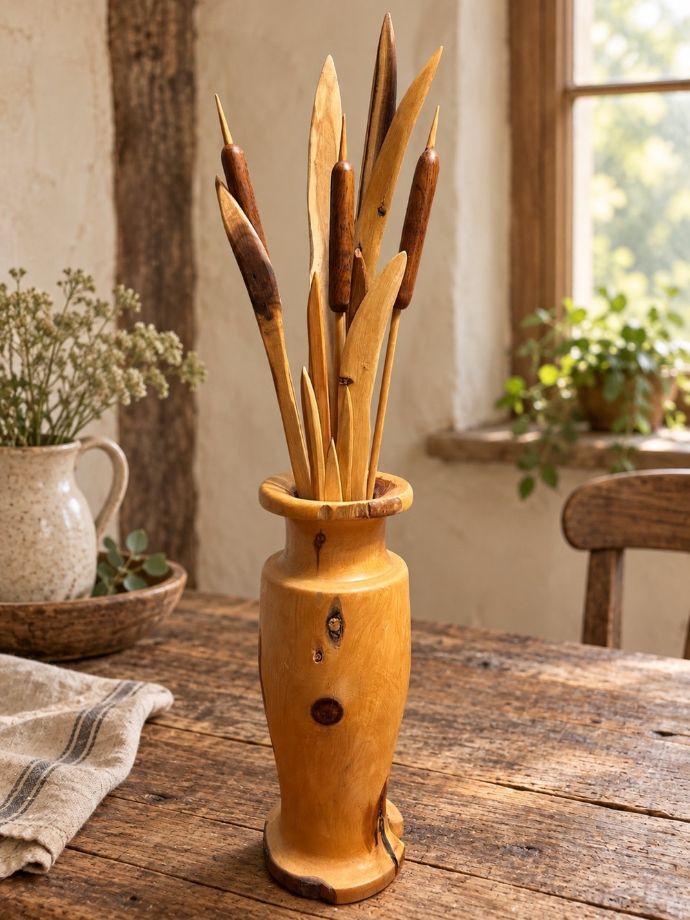 Juniper Wood Vase with Wooden Cattails